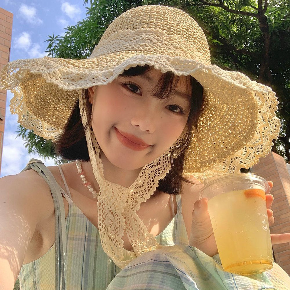 Lace String Color Woven Straw Hat Summer Versatile Outdoor Travel Beach Hat Cute Girl Ins Bucket Hat