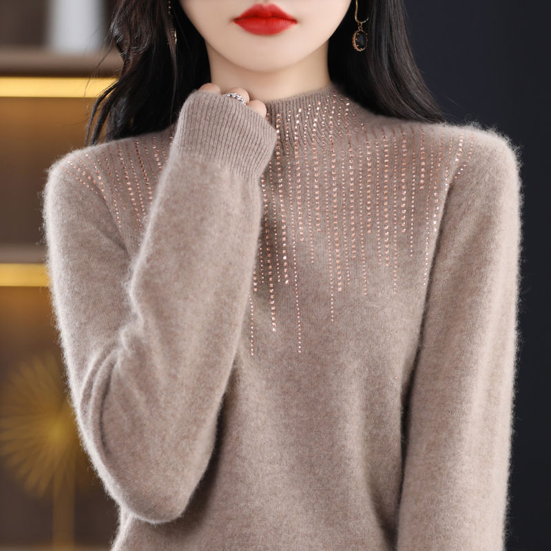 Women's Diamond-embedded Half-turtleneck Wool Sweater Bottoming Shirt