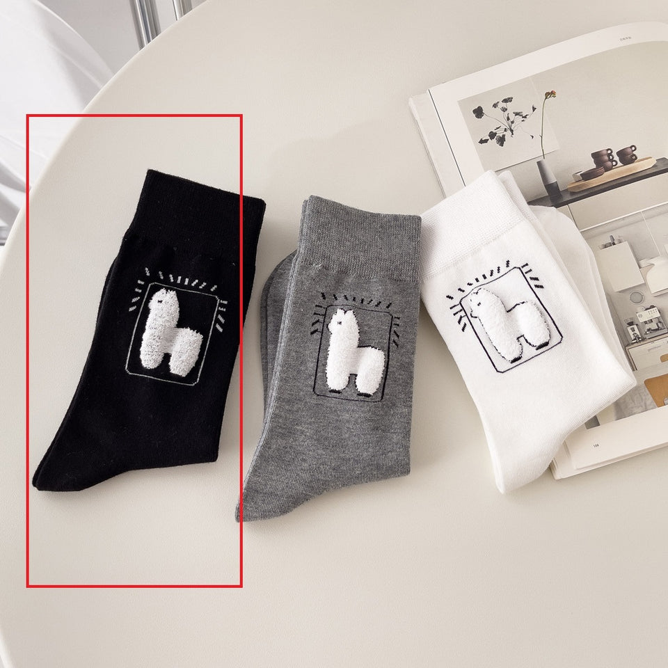 Spring And Autumn Tube Socks Cute Cartoon Black White Gray Alpaca Socks