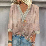 Wear Loose New Floral Print Stitching Lace Half Sleeve V-neck T-shirt