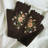 Embroidered Ladies Warm Gloves Bee Floral Knit