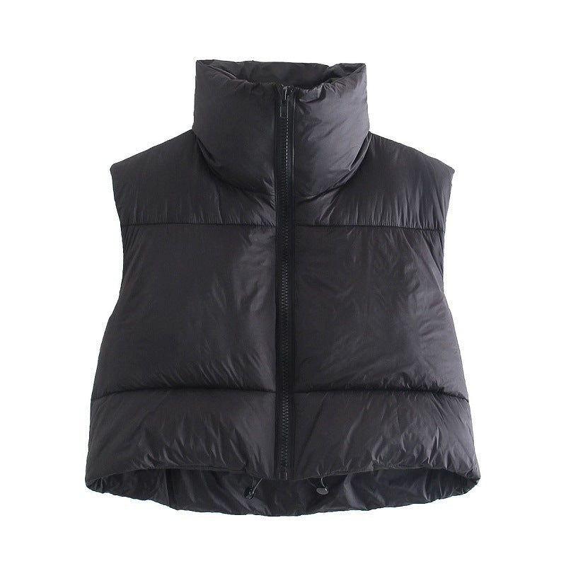 Winter Short Vest For Women Solid Color Zip Sleeveless Lapel Jacket Fashion Bread Coat