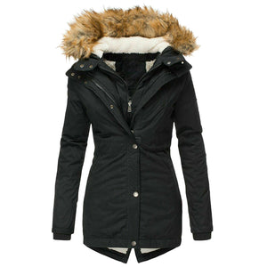 Long Sleeved Slim Jacket With Warm Fur Collar And Zipper