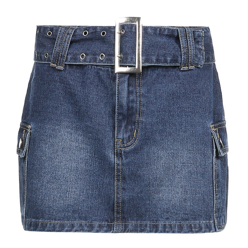 American Street Style Asymmetric Pocket Design Low Waist Denim Skirt