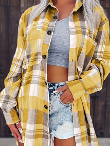 Yellow Plaid Shirt Jacket Blouse Women's Blouse