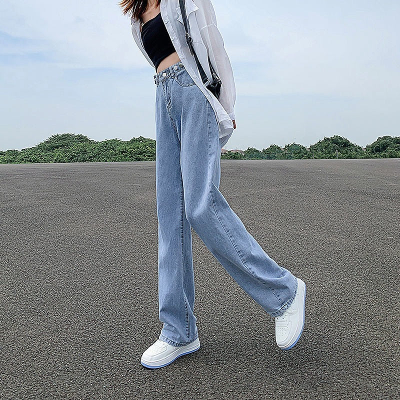 Women's Adjustable Waist Jeans High Waist Straight Pants Loose