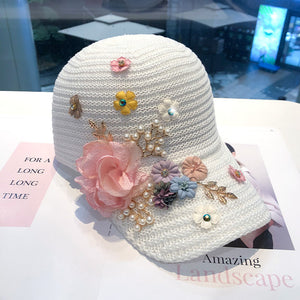 Knitted Flower Rhinestone Baseball Cap Women's Handmade Applique Sunshade