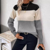 Contrast Color Pullover Round Neck Long Sleeves Knitwear Casual Sweater