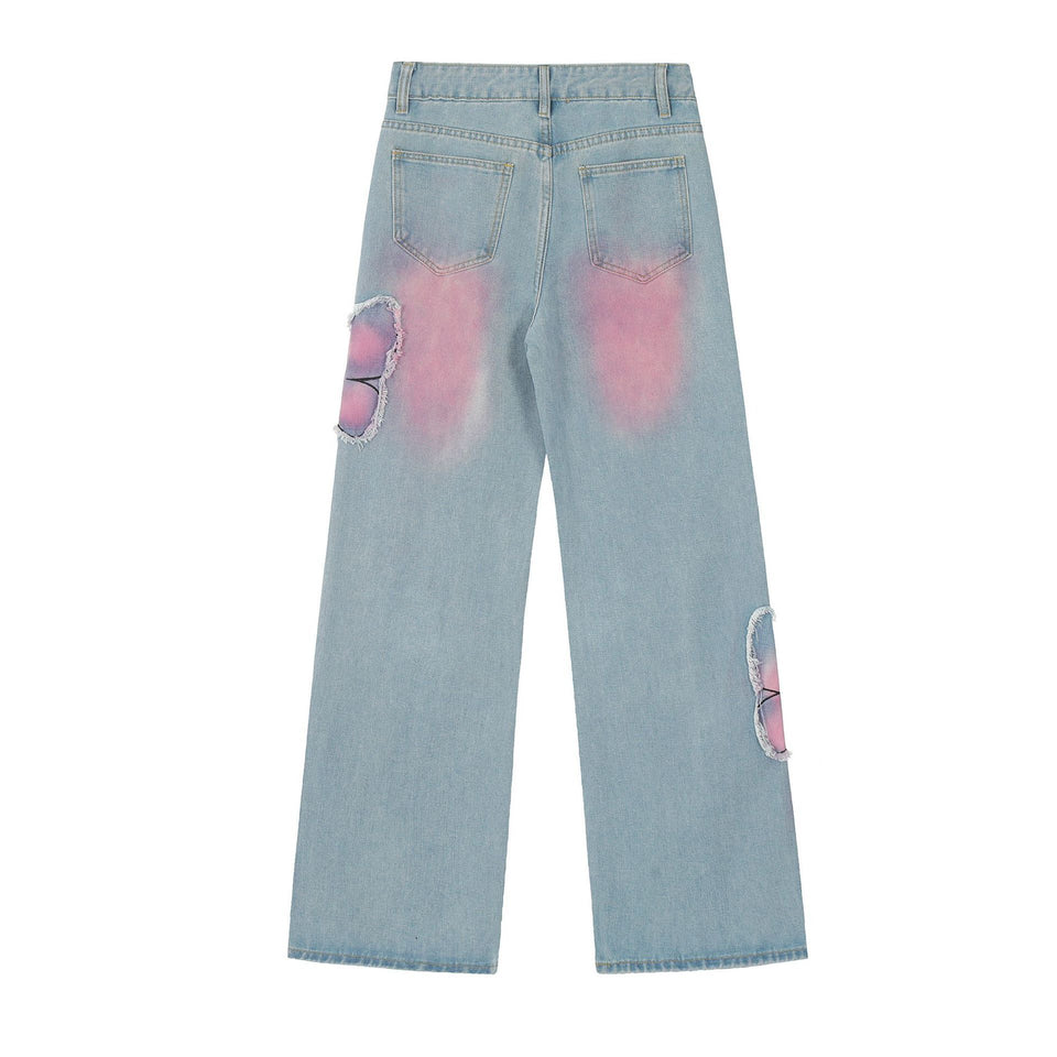 Sweet Cute Butterfly Wash Denim Trousers