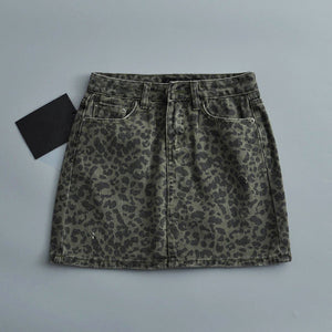 Leopard Print Denim Skirt Women's High Waist