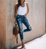 Retro High-waisted Stretch Jeans With Ripped Feet And Slimming