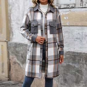 New Brushed Plaid Long Coat With Pockets Fashion Winter Jacket Outwear Women's Clothing