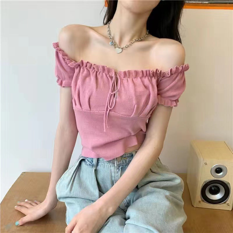 Women's Fashion Chic Collarbone Off-shoulder Design Drawstring Short Sleeve