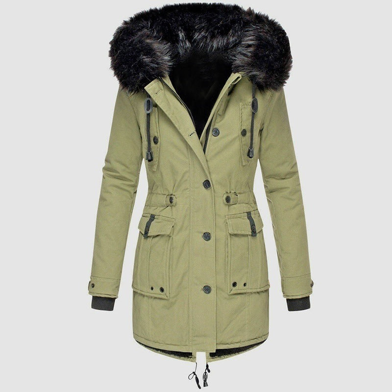 Thick Hooded Drawstring Mid-length Cotton Zipper Coat Jacket