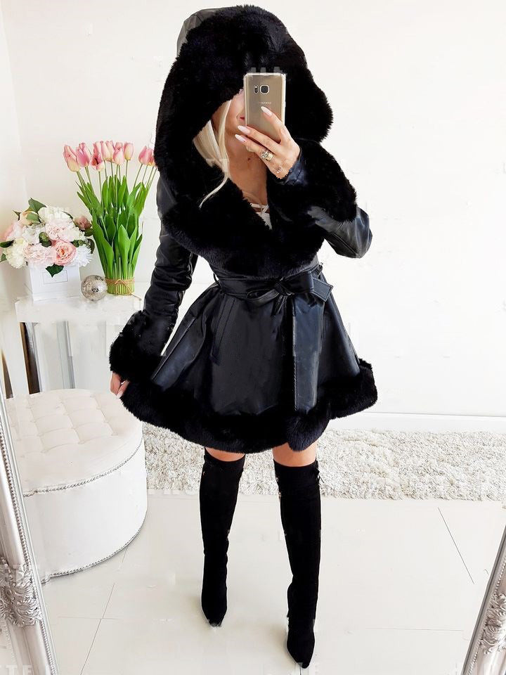 Women's Thermal Hooded Lapel Fur Splicing Coat