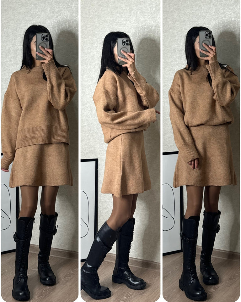 Sweater Skirt Sets For Women 2 Pieces Knit Casual Versatile Long Sleeve Pullover Elegant Solid High Waist Mini Skirt Outfit