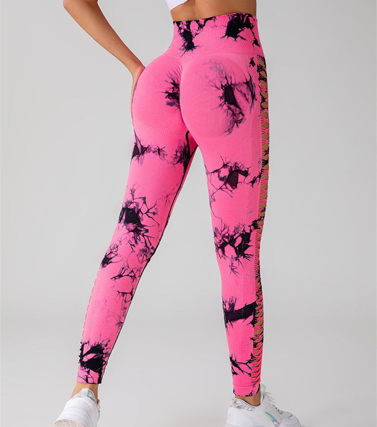 Hollow Tie Dye Printed Yoga Pants High Waist Butt Lift Seamless Sports Gym Fitness Leggings Slim Pants For Women Tight Trousers