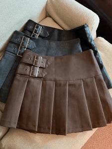 Women's American-style Vintage Brown PU Leather Pleated Skirt