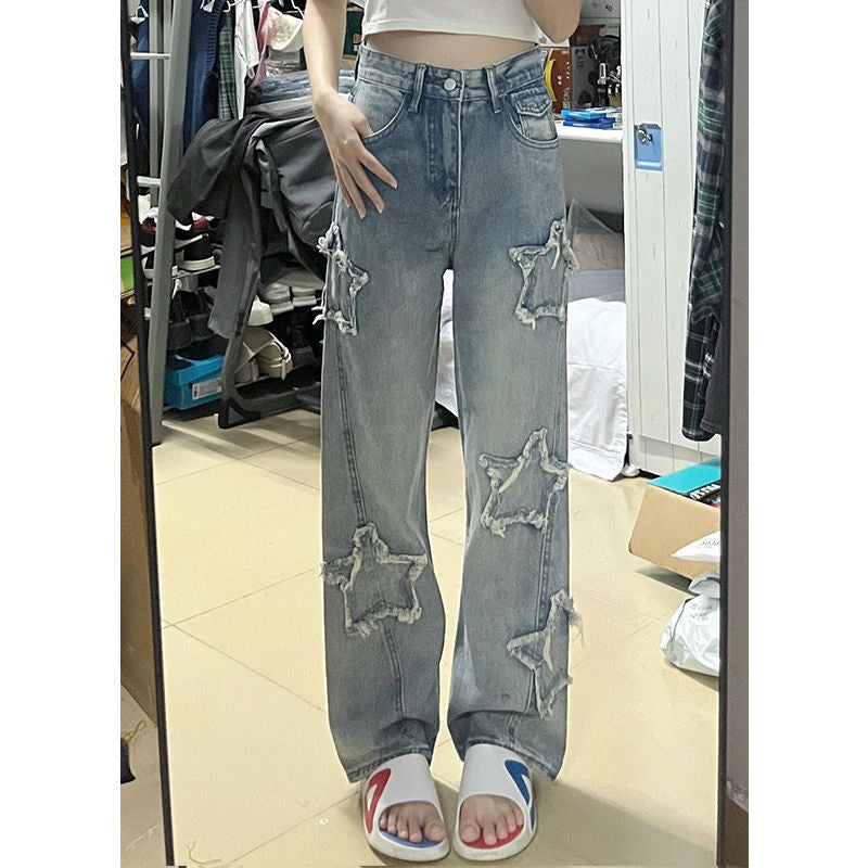 Blue XINGX Embroidered Jeans Women Loose Straight-leg Wide-leg Pants