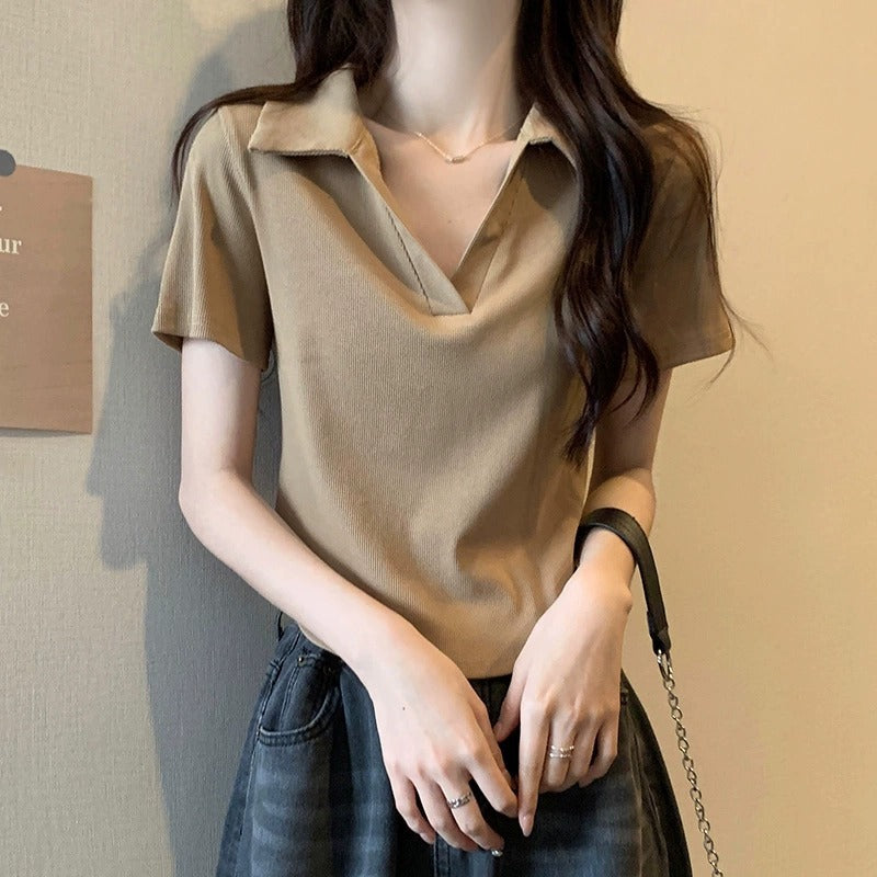 Slim-fit Solid Color Base Curved Hem Collar Simple Top