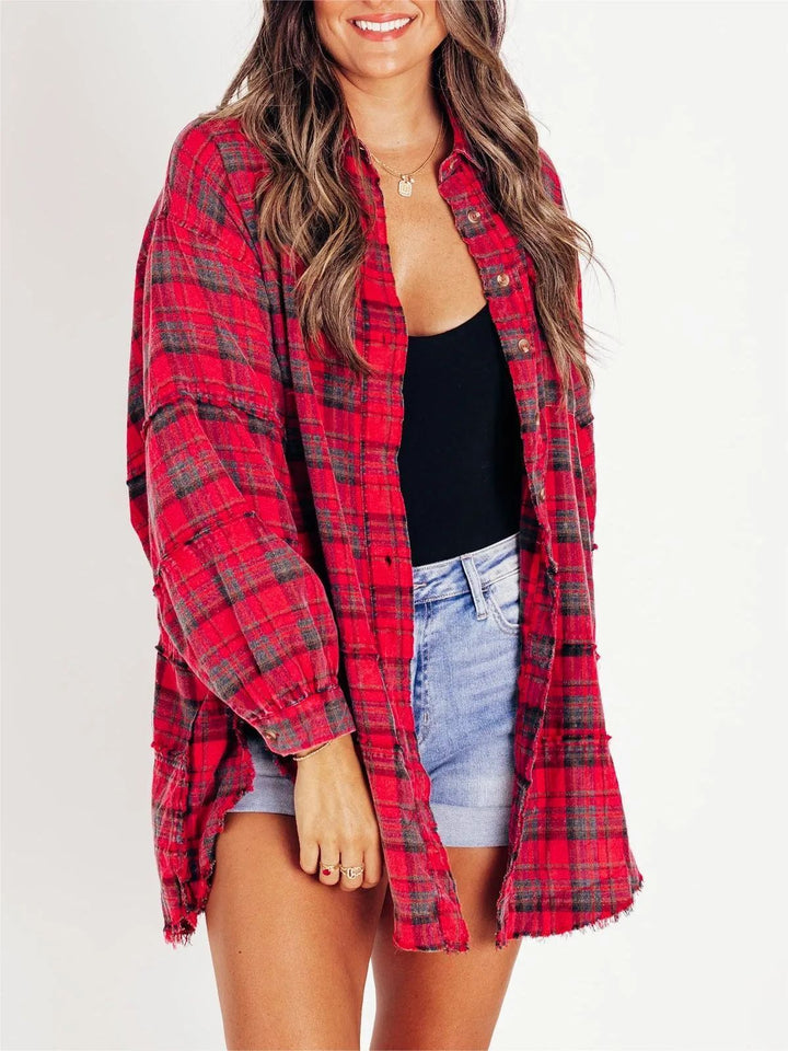 Autumn And Winter New Women's Tassel Long-sleeved Top Loose Casual Plaid Shirt Coat Women