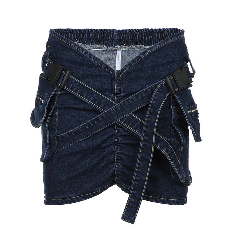 Cross School Bag Buckle Pleated V-shaped Waist Workwear With Pocket Denim Skirt