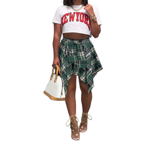 Women's Fashion Irregular Plaid Tied Sleeve Fake Shirt Skirt