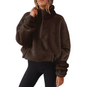 European And American Velvet Fleece-lined Women's Half Zipped Stand Collar Sweater