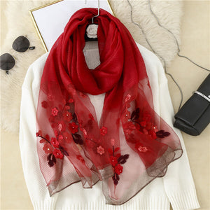 Wool Embroidery Begonia Scarf Long