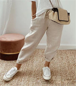 Cotton Linen Elastic-waist Cropped Pants Casual Women's Pants