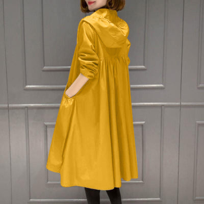 Korean Style Hooded Mid-Length Over-The-Knee Trench Coat