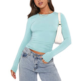 Women's Clothing Fashion Slim Long-sleeved Pullovers Tops Solid Causal Fit Shirts