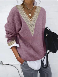 Long Sleeve Lace Collar Solid Color Knitted Sweater