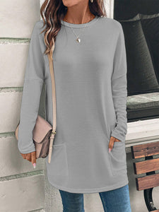 Women's Solid Color Long Sleeve Loose Round Neck Pocket Top T-shirt