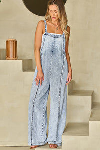 Retro Washed Raw Hem Wide Legs Jumpsuit For Women