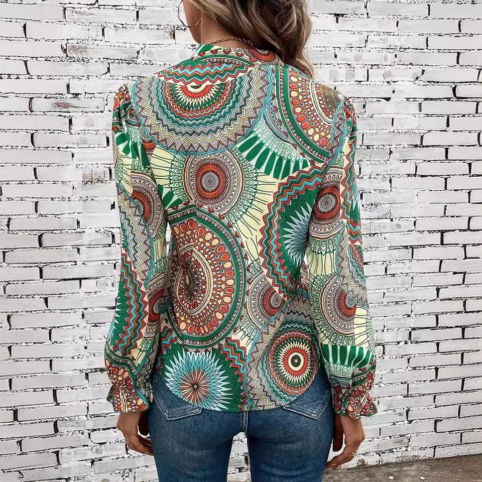 Printed V-neck Pullover Leisure Shirt Top For Women