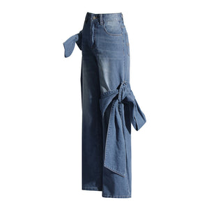 Women's Washed Distressed Stitching Bow Wide Leg Jeans