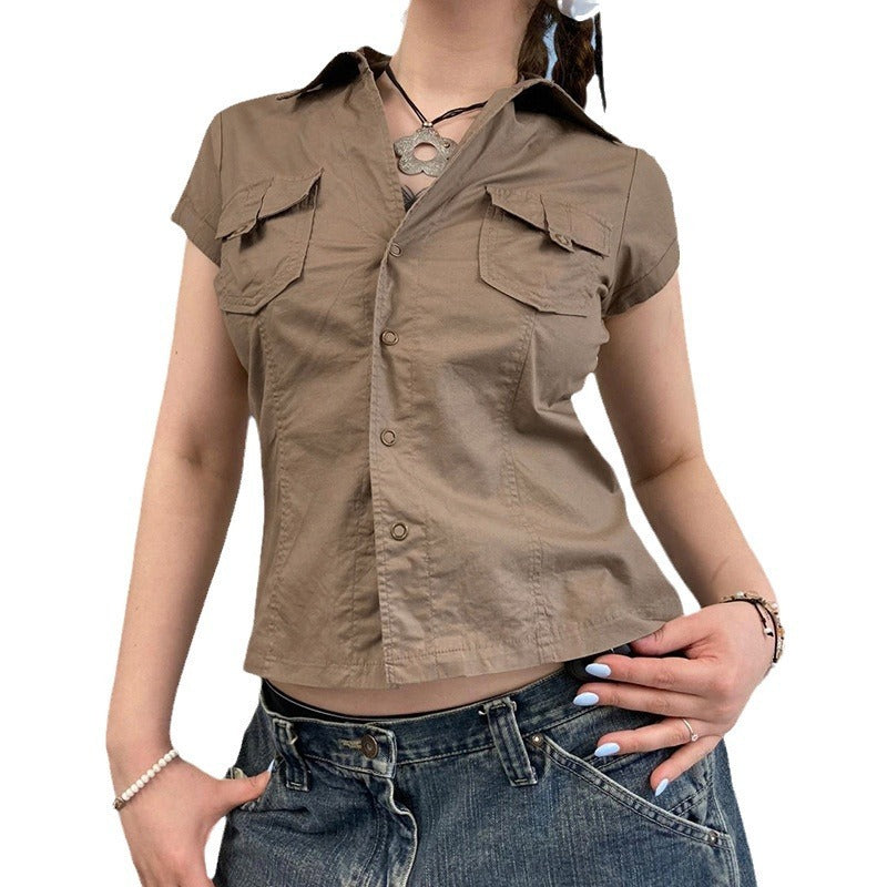 European And American Minimalist Basic Lapel Snap Fastener Tooling Style Shirt Short Sleeve Top