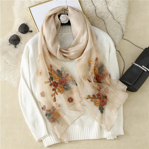 Wool Embroidery Begonia Scarf Long