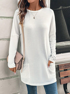 Women's Solid Color Long Sleeve Loose Round Neck Pocket Top T-shirt