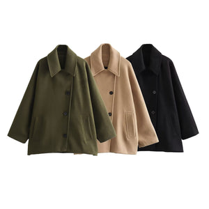 French Coat Fashion Polo Collar Blended Short Cape Sleeve Coat