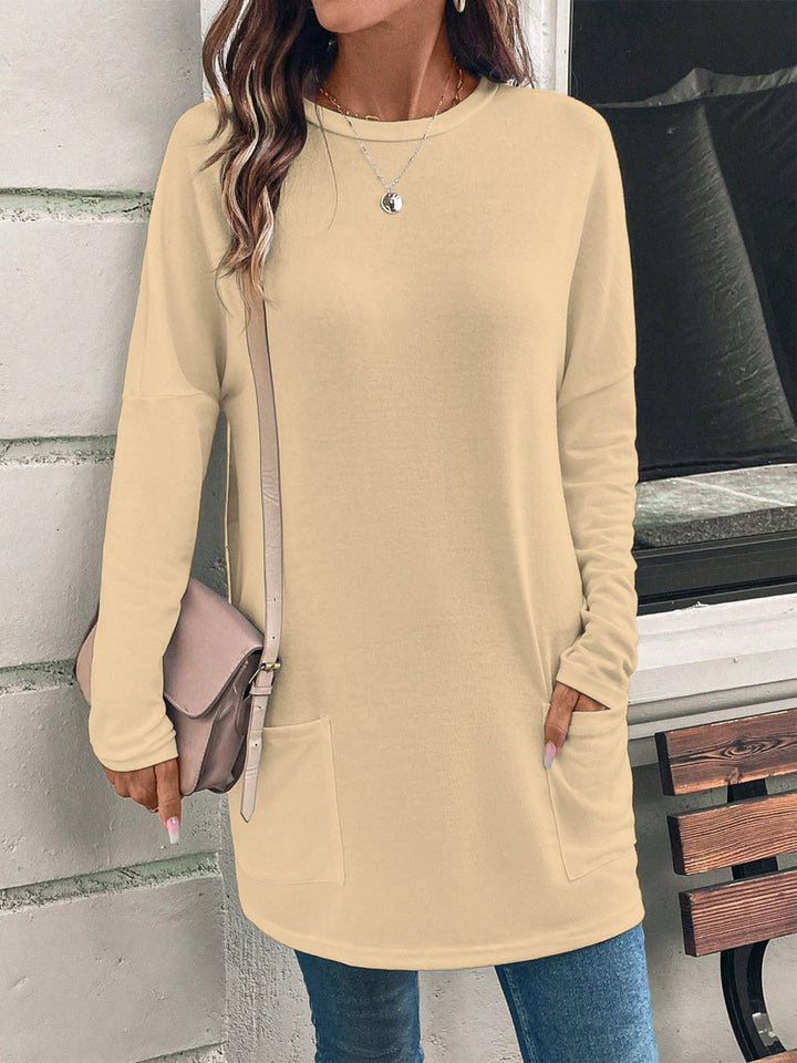 Women's Solid Color Long Sleeve Loose Round Neck Pocket Top T-shirt