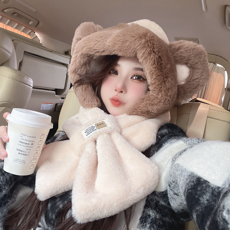 Cute Bear Hat Scarf One Female Winter Earmuffs