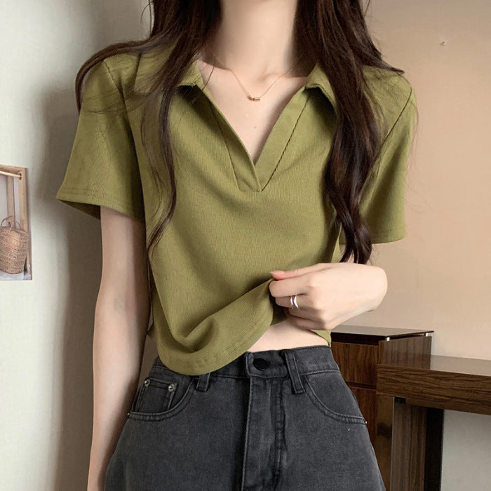 Slim-fit Solid Color Base Curved Hem Collar Simple Top