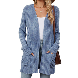 Solid Color Pocket Long Sleeve Bottoming Cardigan Knitwear