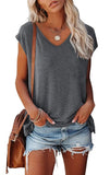 Women's Cap Sleeve V-neck Solid Color Casual Loose-fitting T-shirt