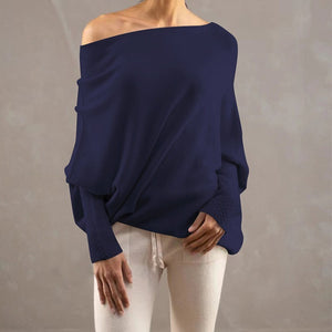 Solid Color Off-neck Pullover Knitted Loose Sweater