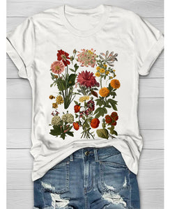 Flower Plant Print Casual Loose Round Neck Short Sleeve