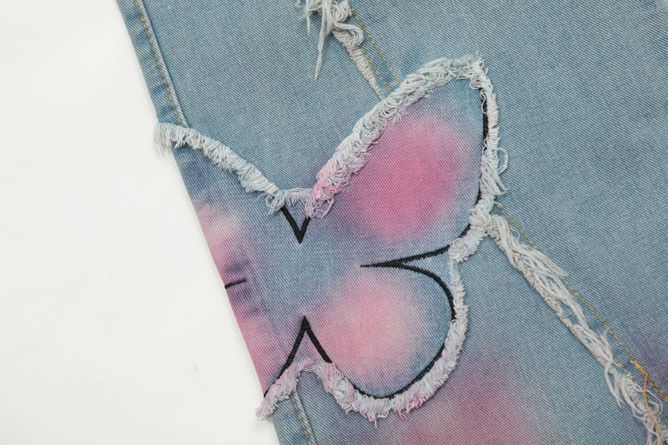 Sweet Cute Butterfly Wash Denim Trousers