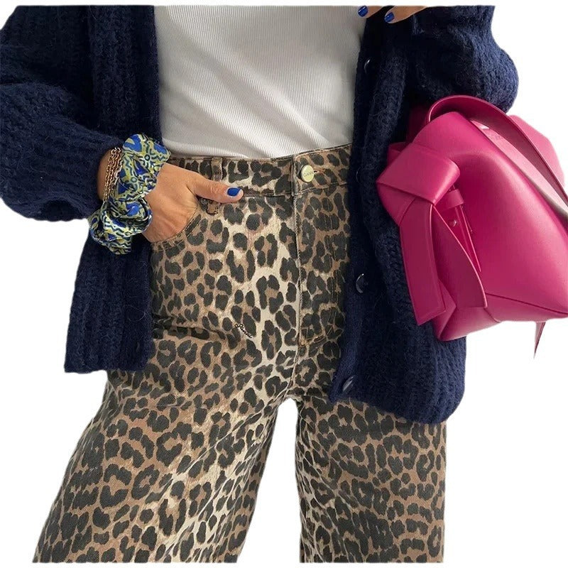 Women's New Leopard Print High Waist Casual Straight Pants